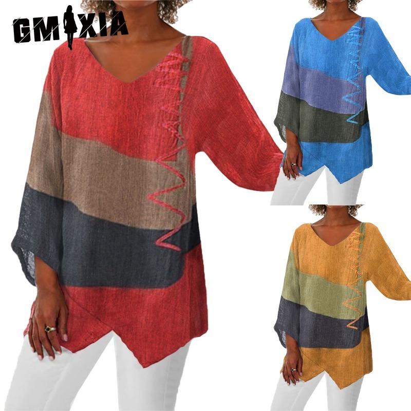 GMXIA Damenmode Lässig Einfarbig Druck 3/4-Ärmel O-Ausschnitt Blusen & Hemden