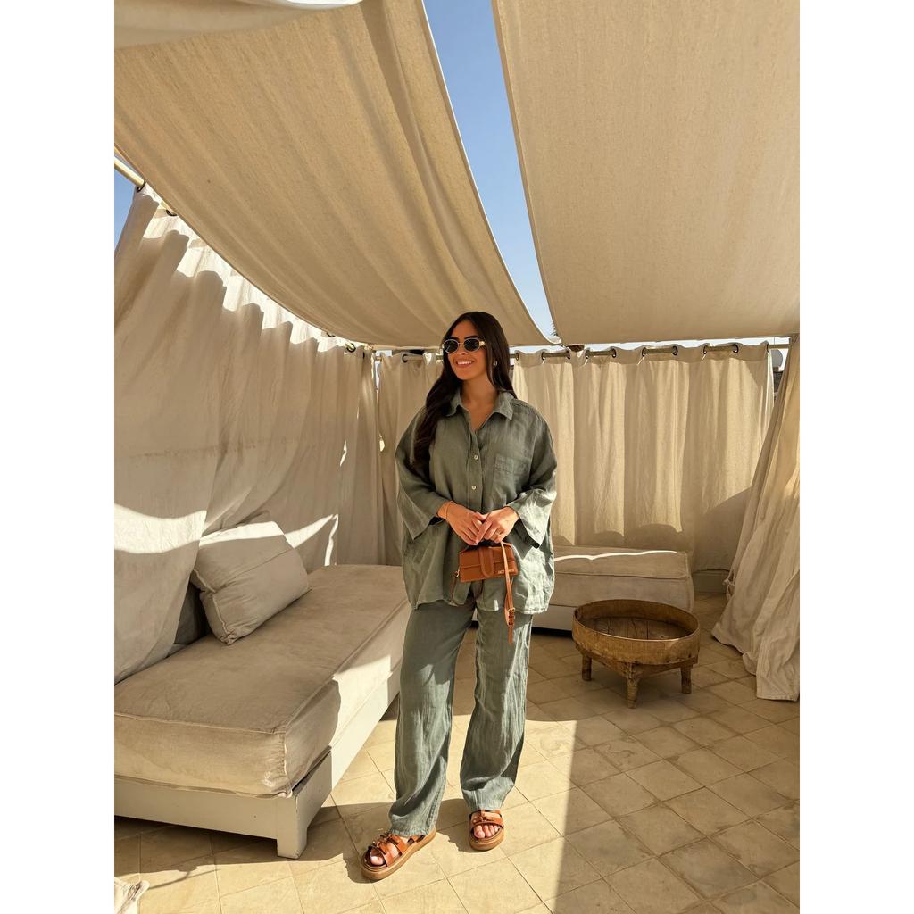 Vintage Solid Shirt Trousers Suit Women Single Breasted Long Sleeve Shirt Wide Leg Pants Set Female Summer Lady Streetwear