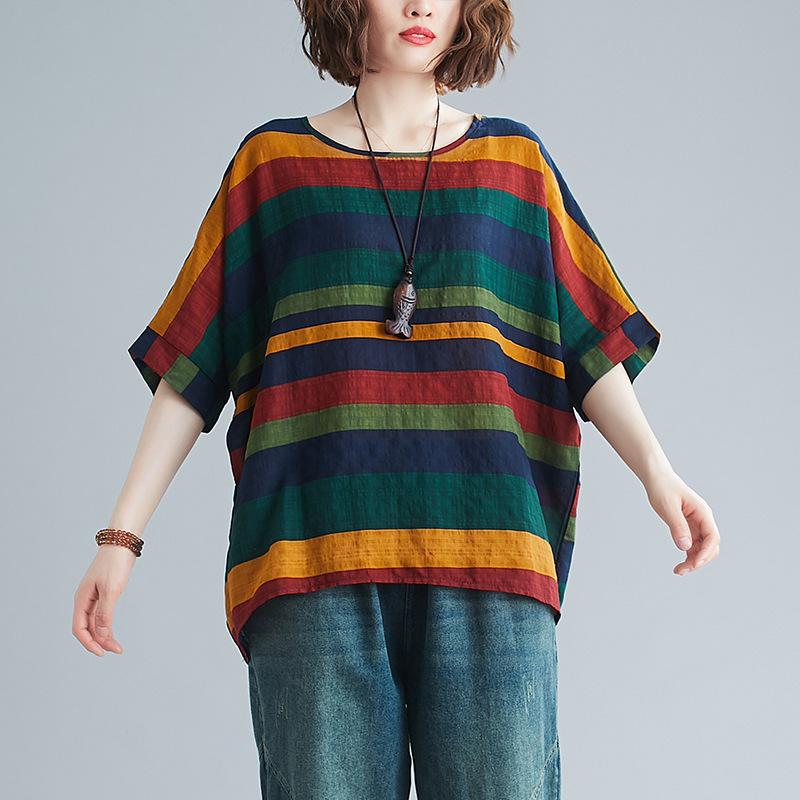 Maglietta larga di grandi dimensioni, casual, con stampa floreale, camicetta inferiore per donna, vintage, scollo a V, maniche a pipistrello, top per donna