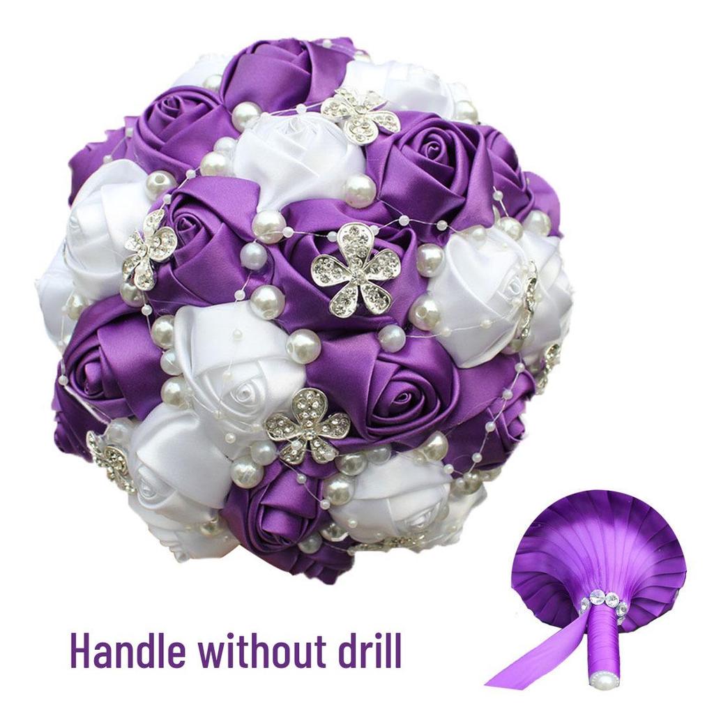 European & American Elegant Ribbon Flower Bridal Bouquet – Beaded Five-Flower Design
