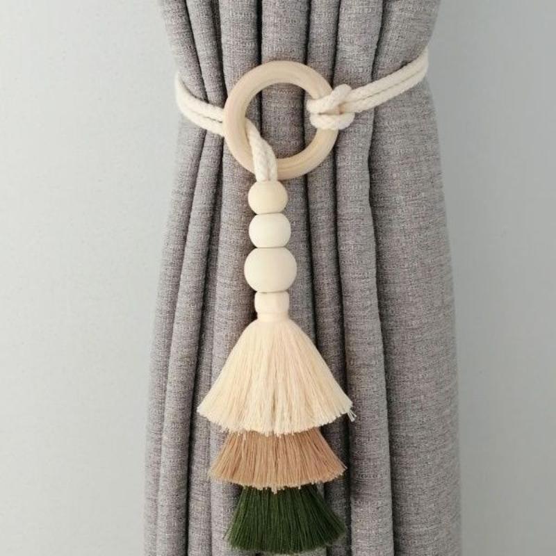 

Wooden Bead Tassel Curtain Tiebacks Rope Holder Handmade Home Decor Drapery Accessory for Window Bedroom