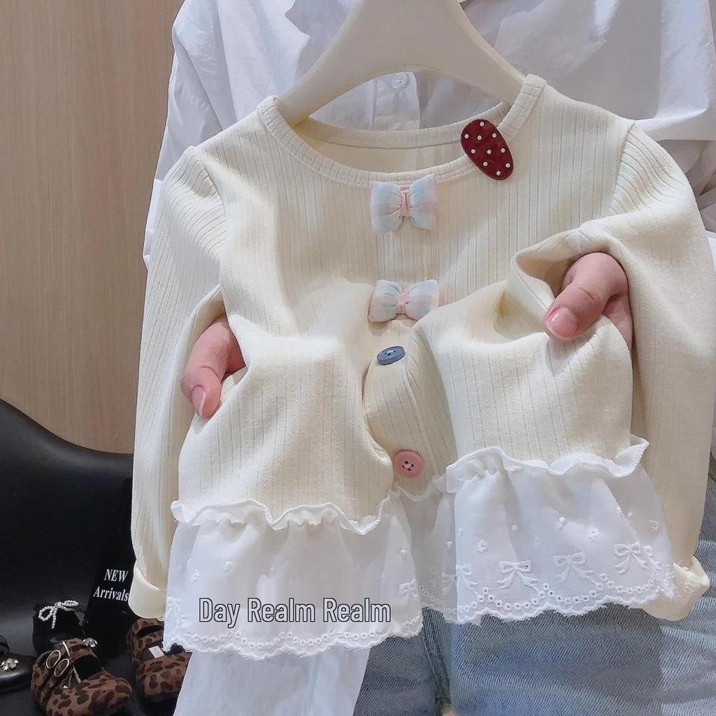 Girls' Spring/Autumn Base Layer: Stylish Lace-Trim Colorful Button Long Sleeve Top (2026).