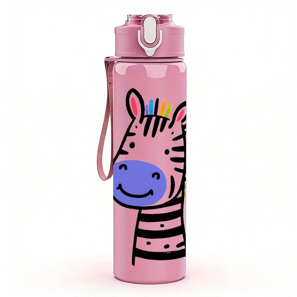1PC Cute Zebra Cartoon Pattern 750ml Color Plastic Sports Water Bottle Leakproof Flip Straw Lid Suitable for Sports Office Home Use