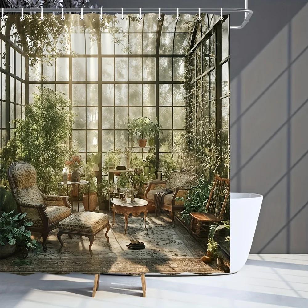 ~O~Polyester Garden Shower Curtain - Outdoor Scenery, Floral Plant Design, Includes Hooks, Bathroom Decor