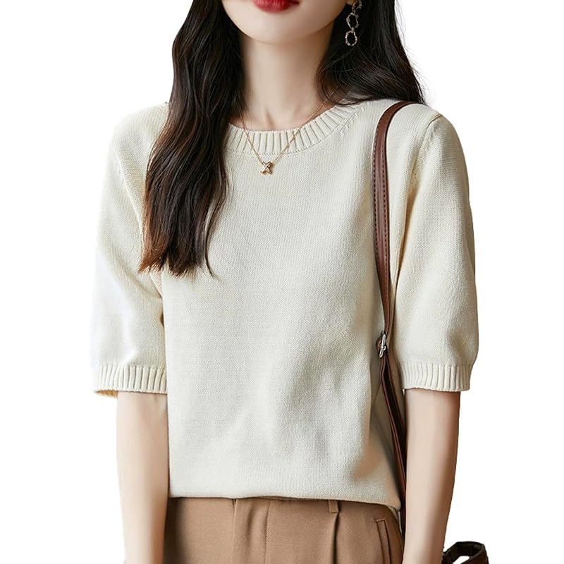 

[BN1 select] knit short sleeve ladies spring summer autumn clothes Beautiful cotton sweater crew neck tops women s clothing 30s 40s 50s white off