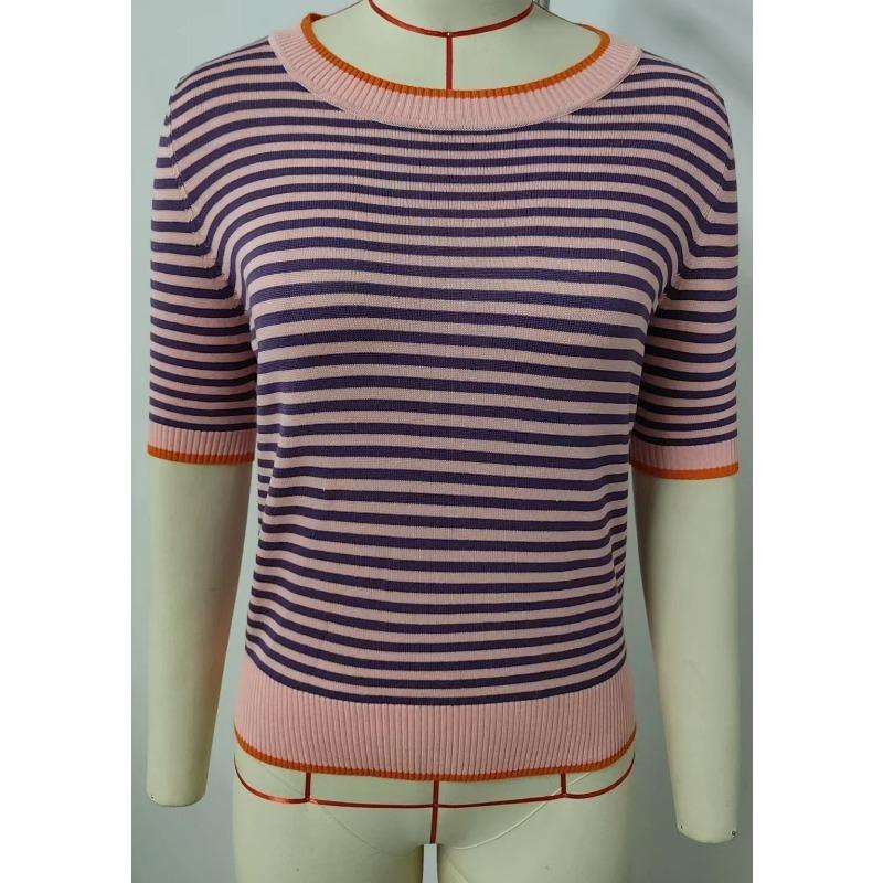 Zomer Dames Gestreept Gebreid Kortmouwig T-shirt IJszijde Kleurcontrast College Stijl Top