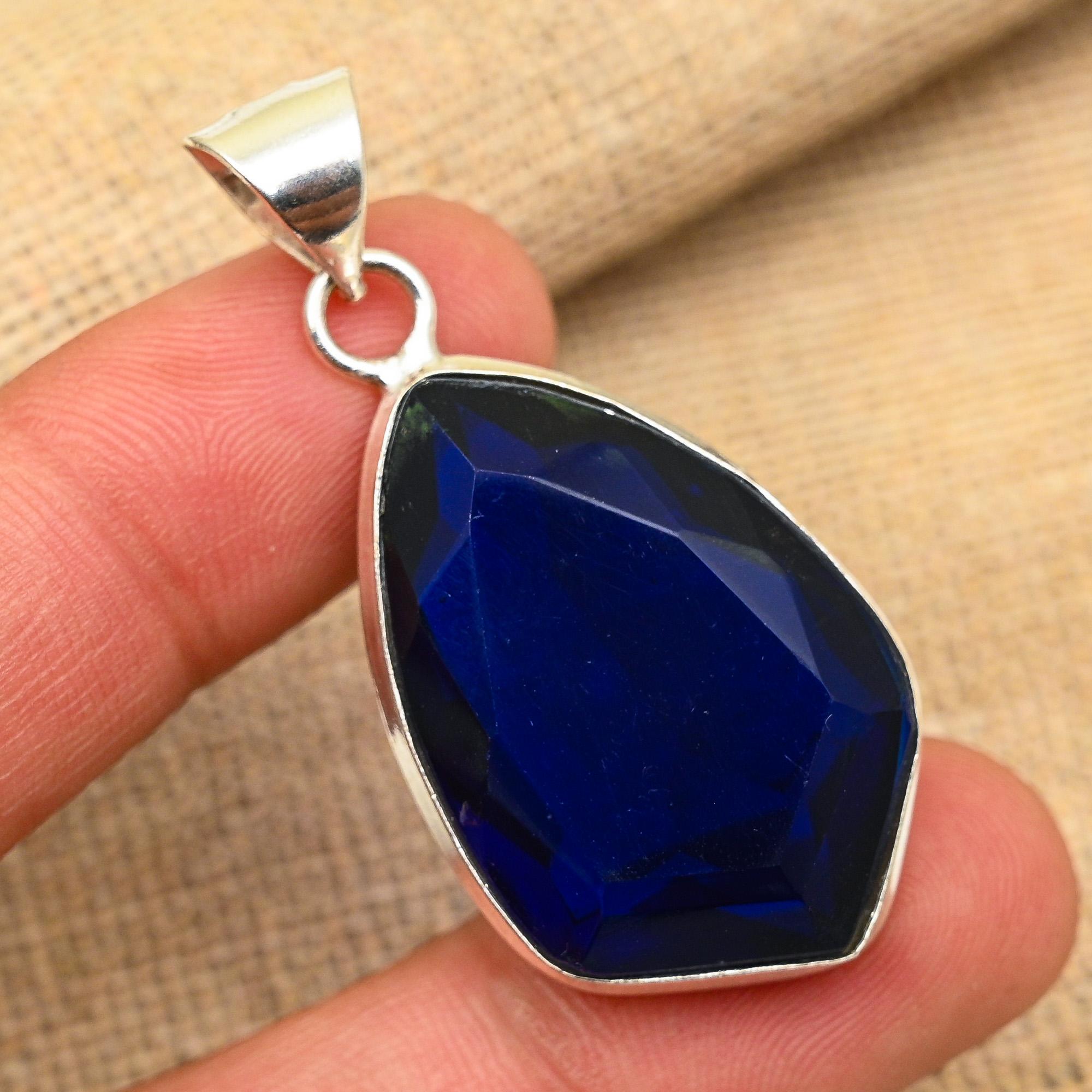 

Синий сапфир, созданный в лаборатории, драгоценный камень 925 пробы, серебряные украшения, подвеска ручной работы