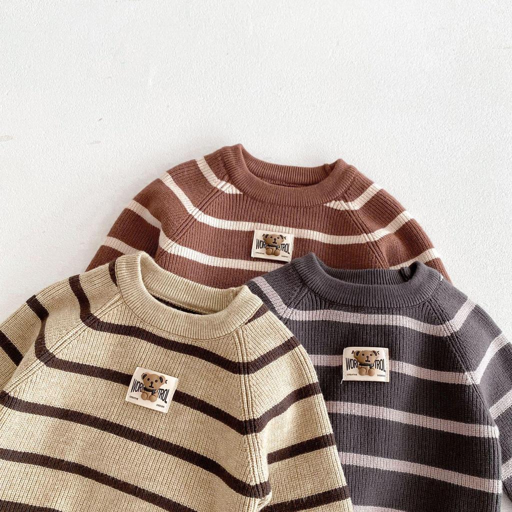 Korean Style Children's Knit Stripe Pullover and Overalls Set for Autumn/Winter