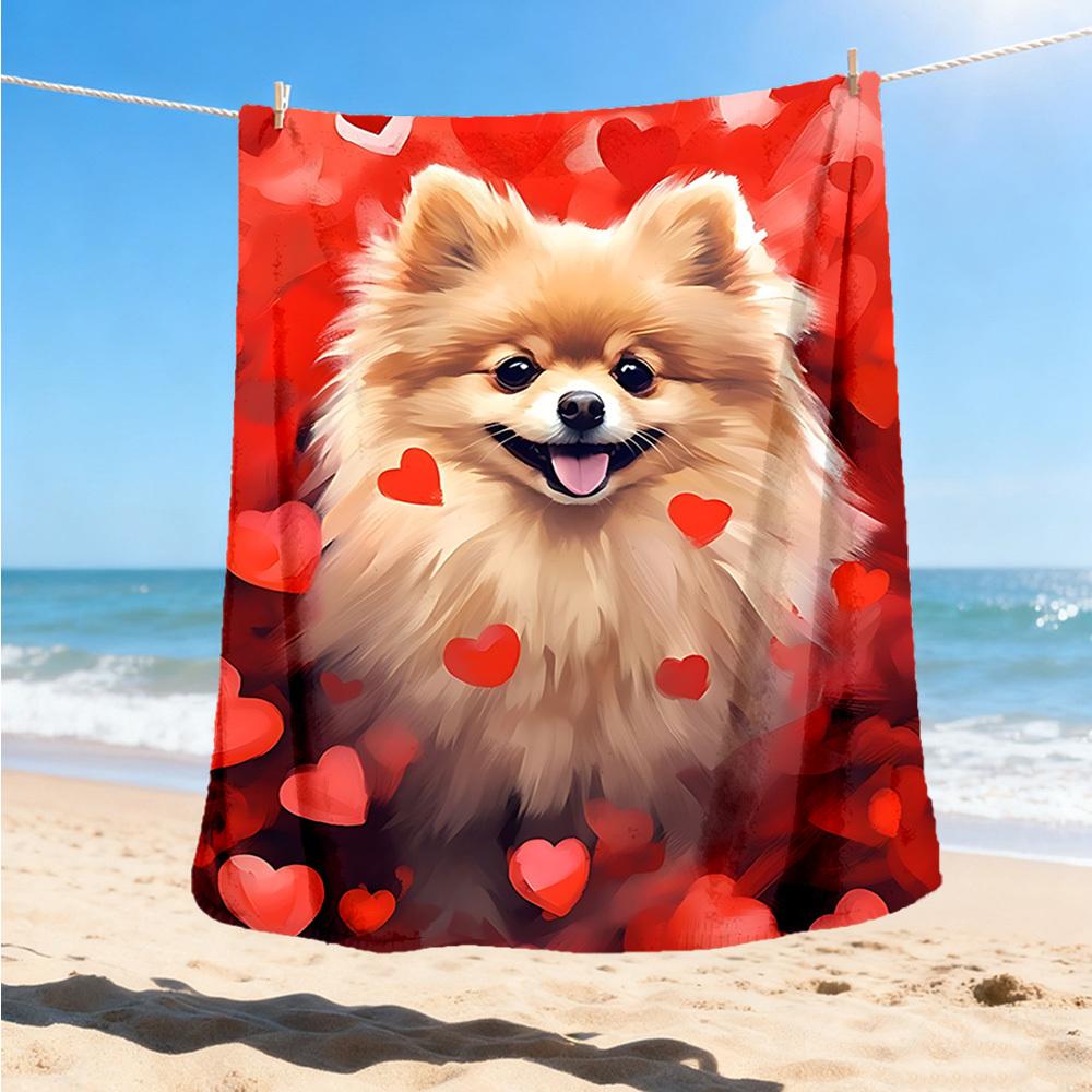 1pc Pomeranian Love Hearts Outdoor Flannel Blanket , Machine Washable Perfect Gift for Birthday , Holiday Travel Accessory , Durable Material