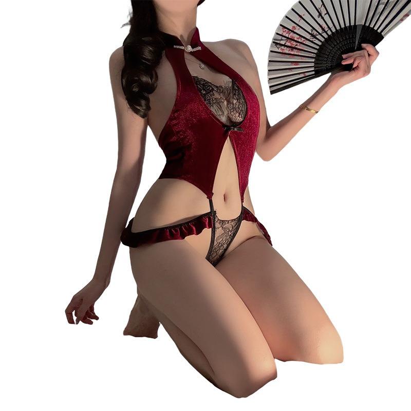 Sex Underwear Sexy Hollow Open Crotch One-piece Cheongsam Hanging Neck Free of Hot Sexy Sex Fun Uniform Lace Temptation