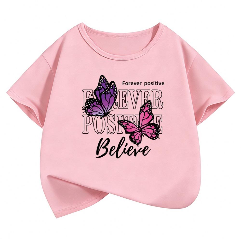 Graphic Butterfly Design T-Shirt Printed T Shirt Girls' Summer Clothes Short Sleeve Tops T-Shirts Cute Girls Clothing Kids