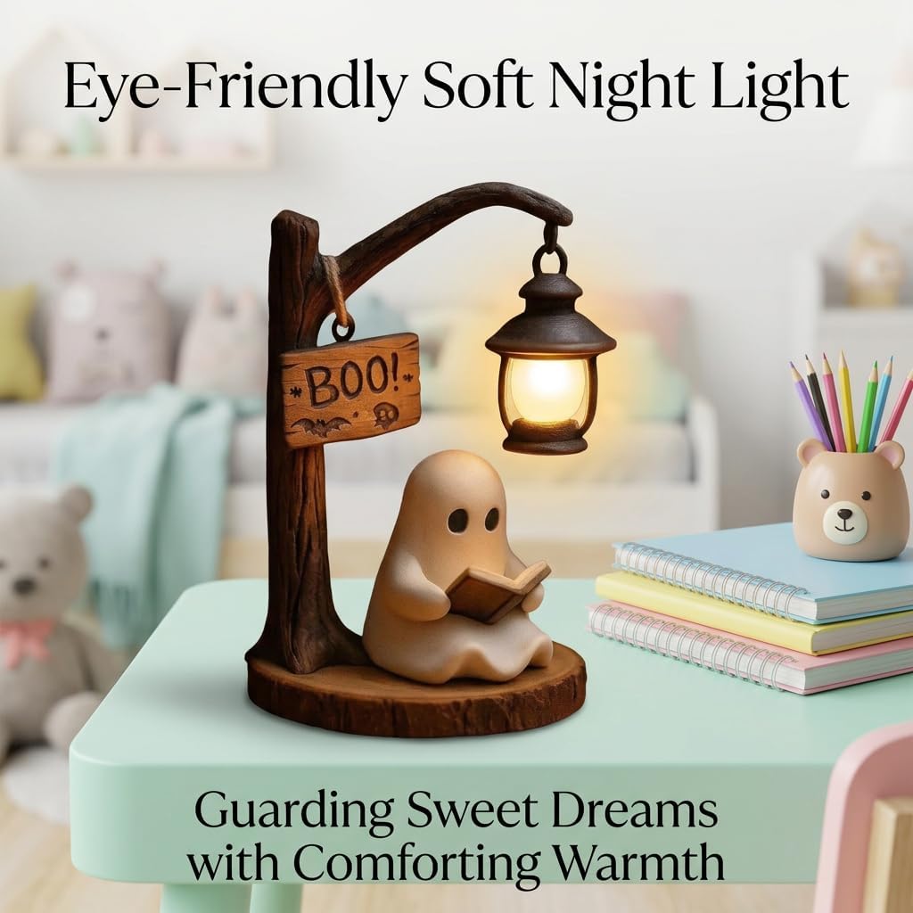 Ghost Reading Night Light,3D Cute Ghost Reading Book Lamp,Lighted Vintage Patchwork Halloween
