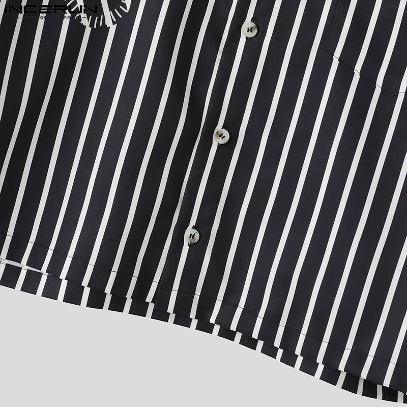 INCERUN Cămăși scurte casual de vară pentru bărbați, supradimensionate, cu guler cu rever, mânecă scurtă, florale, cu dungi