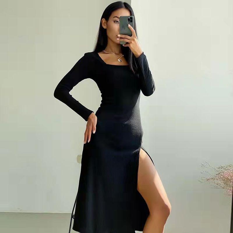 

2021Sexy Stretchy Square Collar Long Sleeves Slit Knit Dress Black L