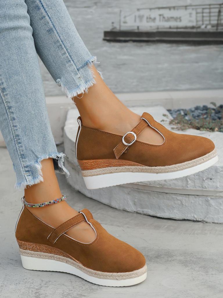 2025 New Women's Large Size Wedge Heels with Spring/Autumn Scarf Buckle & Hemp Sole – European/American Roman Style