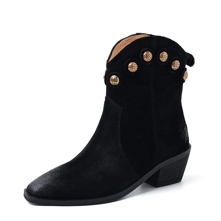 

Мода НОВЫЕ Осенне-зимние женские ботинки Острый носок Массивный каблук Обувь из коровьей замши для женщин Слипоны Ботильоны Вестерны 34