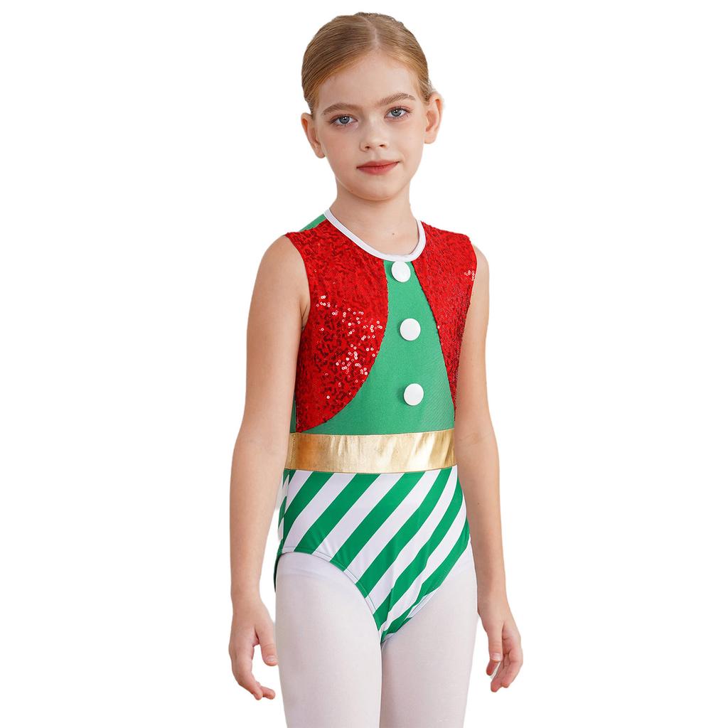 Kinder Mädchen Weihnachtskostüm Cosplay Tanz-Turnanzug Ärmelloser Jumpsuit Pailletten Streifen Gymnastik-Einteiler Body Weihnachtsmann Verkleidung