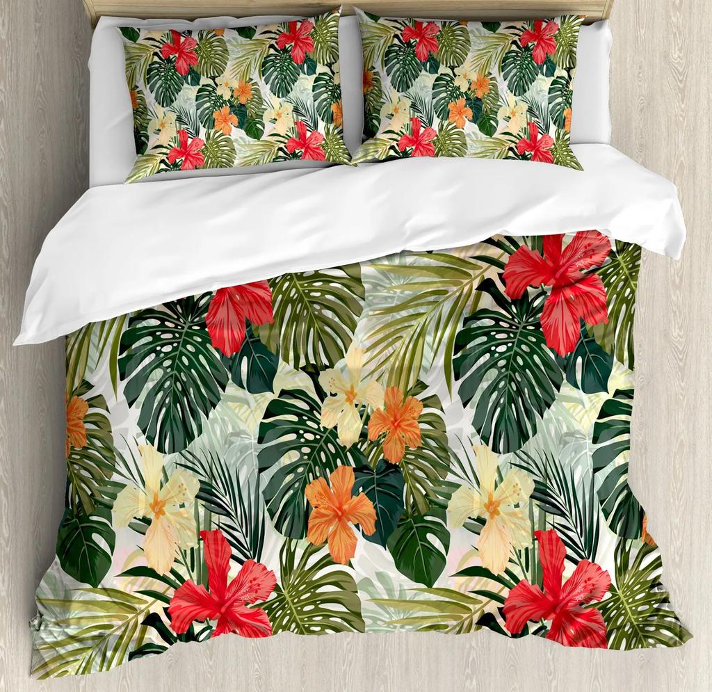 Palm Leaf Duvet Cover Realistic Vivid Leaves Of Palm Tree Growth Ecology Botany Themed Print Queen Size Fern Green White Room