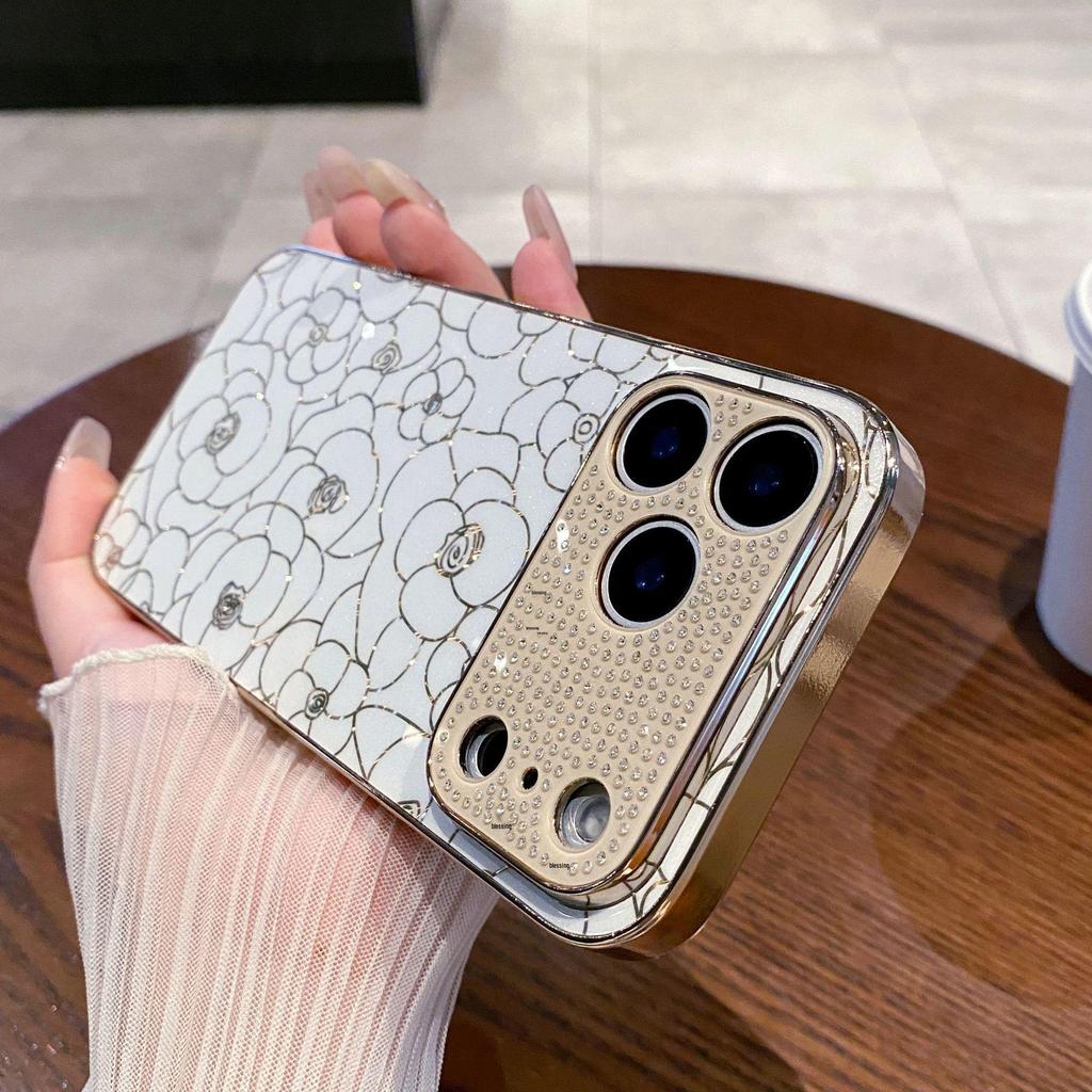High-End Rhinestone Camellia iPhone 14 Pro Max Anti-Fall Case for Apple 17ProMax
