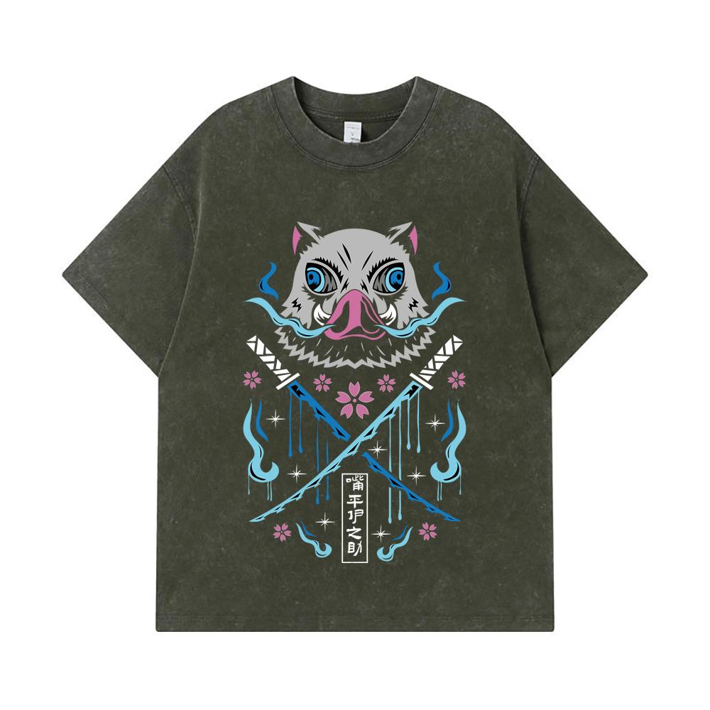 

275 GSM Washed T-shirts 100% Cotton Demon Slayer V97 Inosuke Print Unisex Heavy Cotton T Shirt S армия зеленый