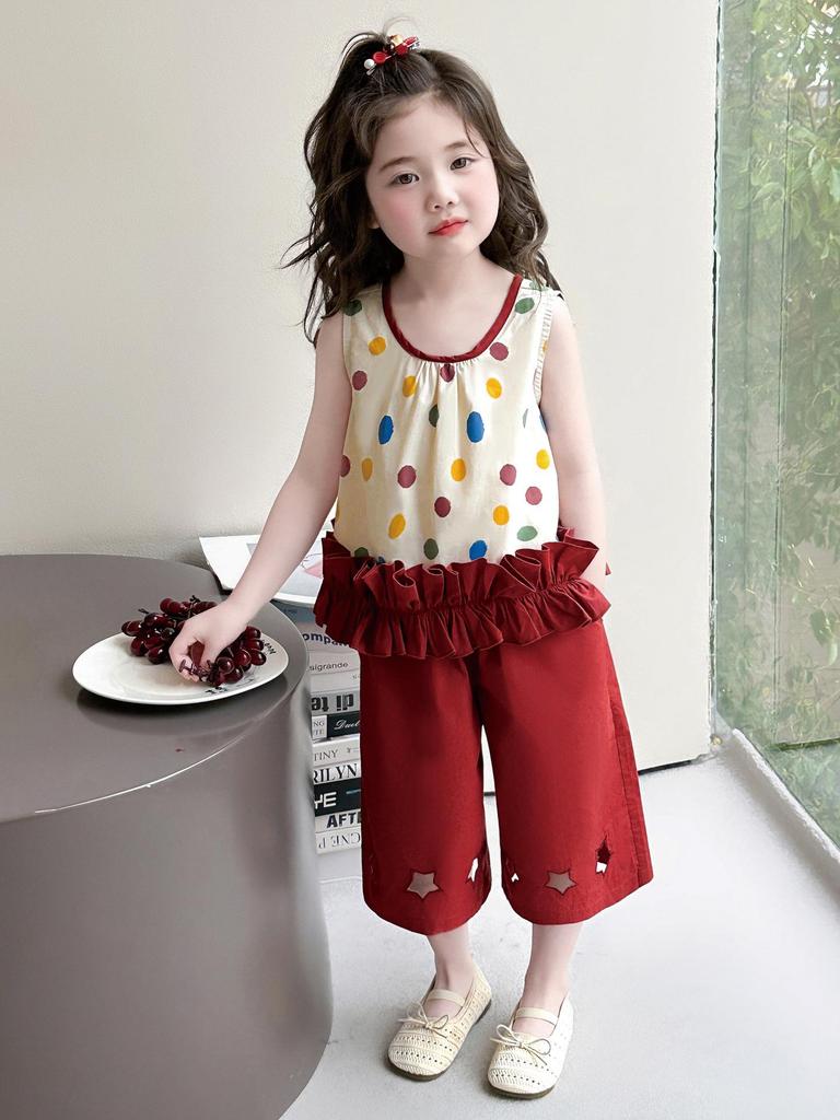 Girls' Colorful Polka Dot Vest & Star Pants Set - 2026 Summer Casual Outfit