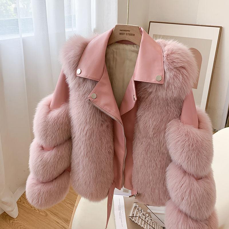 New Whole Leather Imitation Fox Fur Imitation Fur Jacket Women's Fashion Locomotive Short Light Coat Pink
