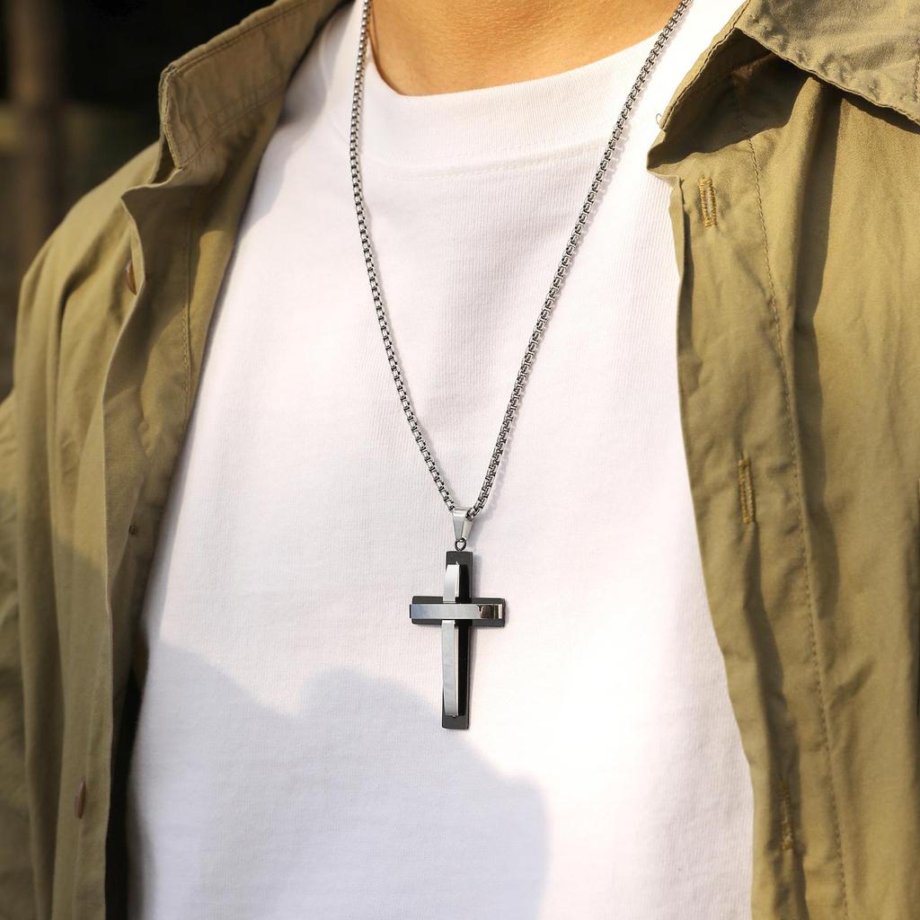 Stylish Layers Cross Necklaces for Men Boys,Two Tones Black Silver Color Cross Pendant, Religion Prayer Collar