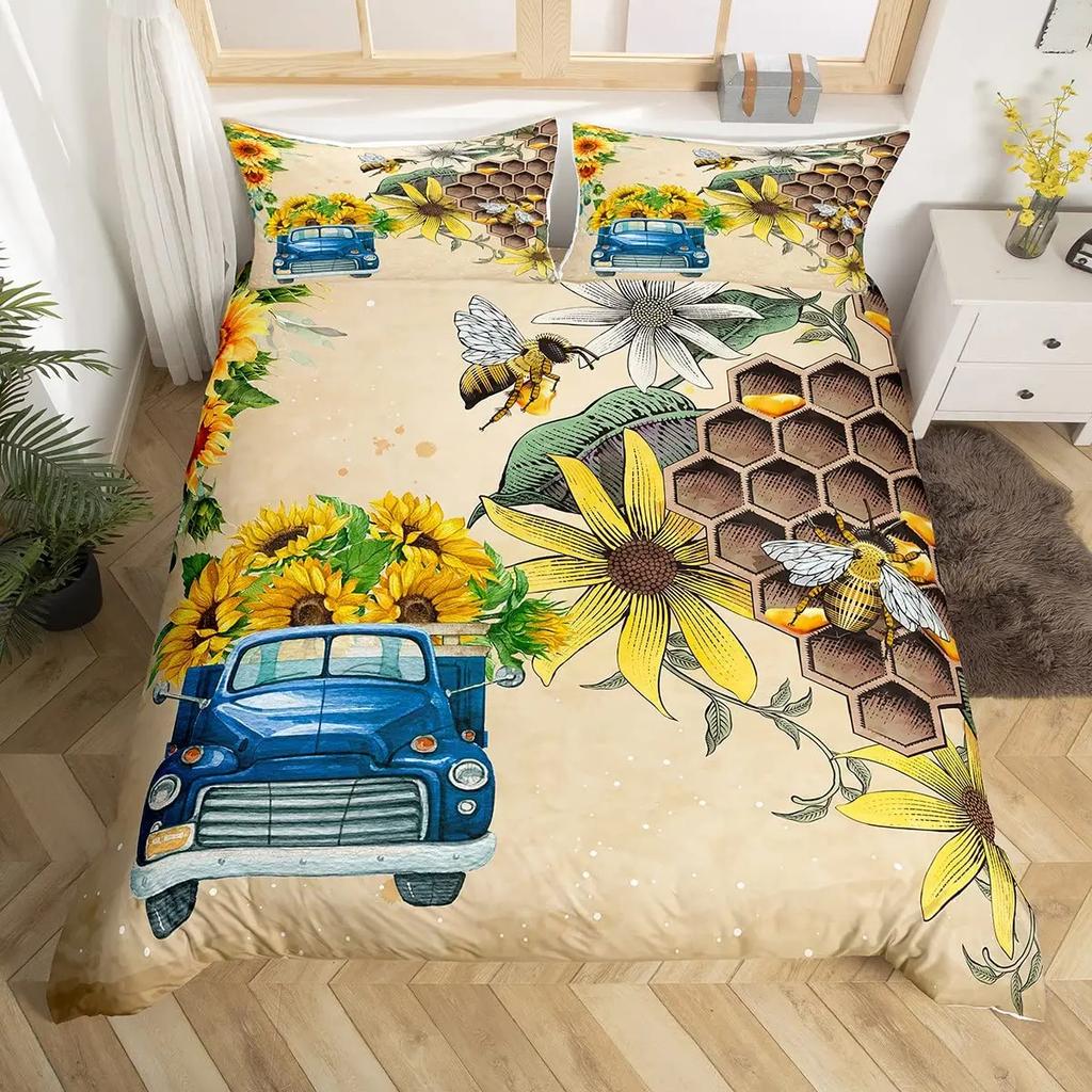 Bee And Butterfly Duvet Cover SetSpring Floral Bedding Sets For Boys GirlsColorful Flowers Country Style Comforter Cover Queen