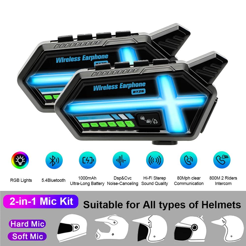 800M Full Duplex Motorcycle Helmet Intercom Headset 5.4 Bluetooth Intercomunicador Waterproof with Voice Assistant Ambient Lamp