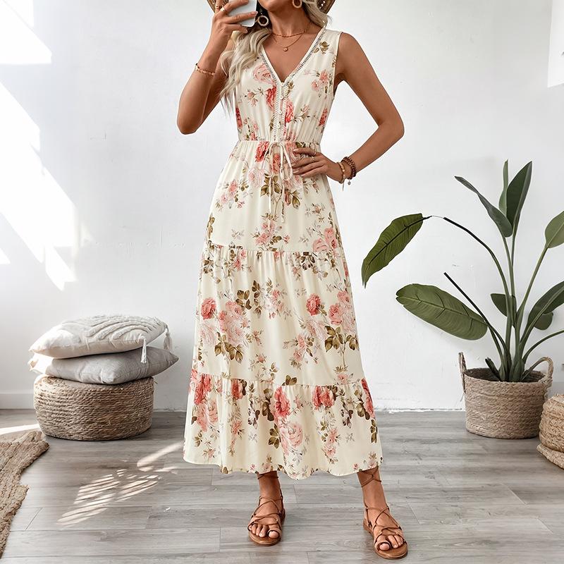 Independent station long dress summer new European and American women's clothing printed sleeveless dress
