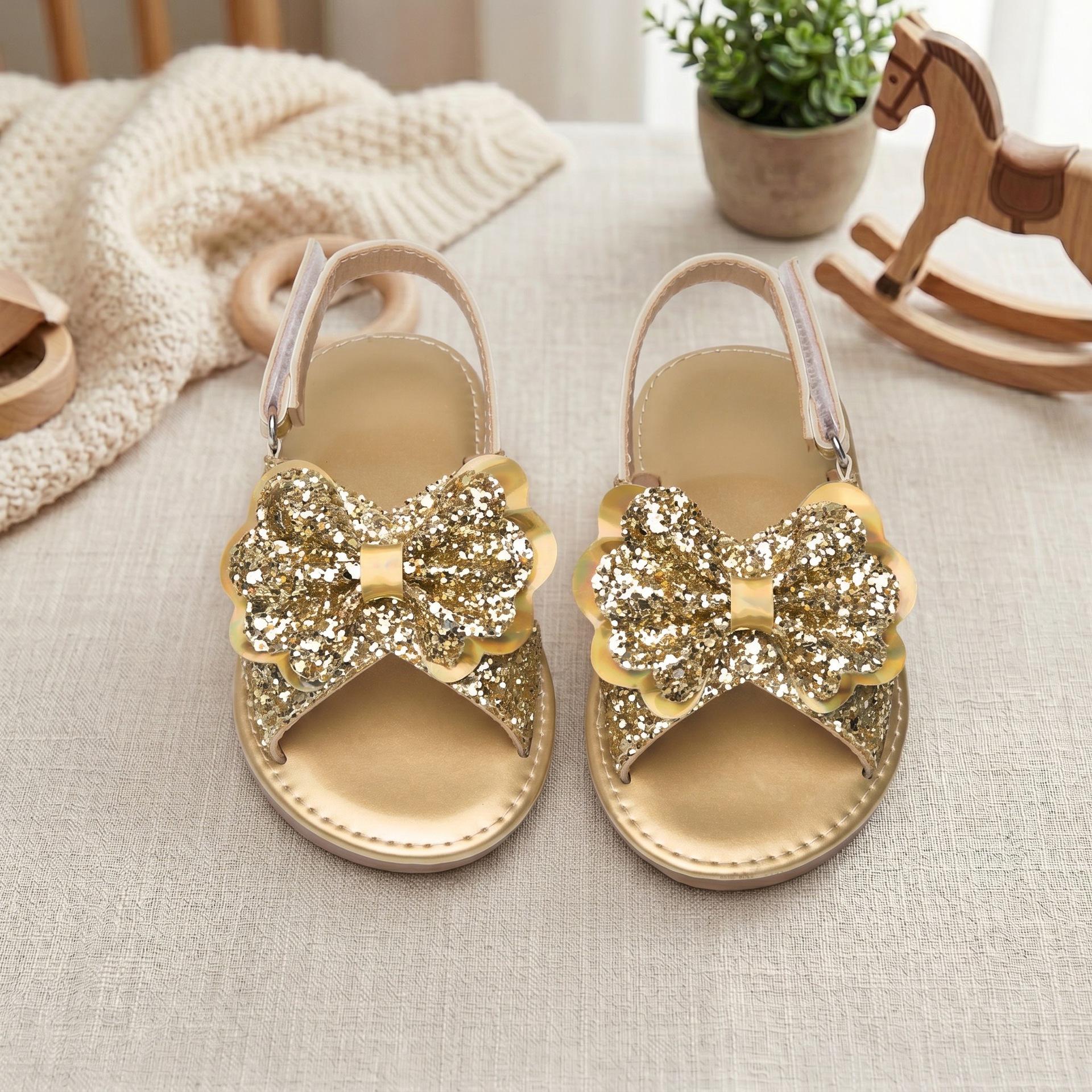 Girls Sequined Bow Princess Sandals - Soft Sole, Velcro, Open-Toe, Summer Beach Shoes 26