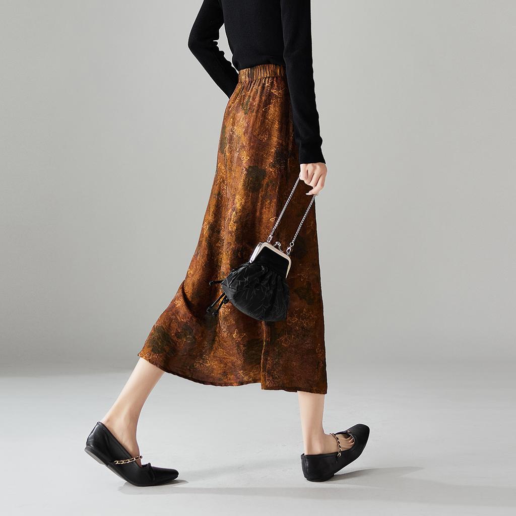 National Style High Waisted Printed Midi Skirt with 2026 Spring Temperament, Versatile for Commuting, Mid Length Straight Leg Slit Skirt
