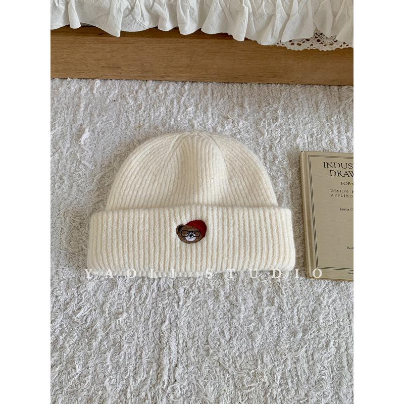 Autumn and Winter Thickened Warm Glasses Puppy Embroidered Knitted Woolen Hat for Women Korean Style Cold Proof Face Showing Small Pullover Hat