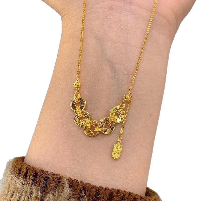 Five Emperors Coins Tassel Necklace Female New Chinese Ancient Method Gold Crushed Ice Lucky Treasure Pendant Collarbone Chain Jewelry