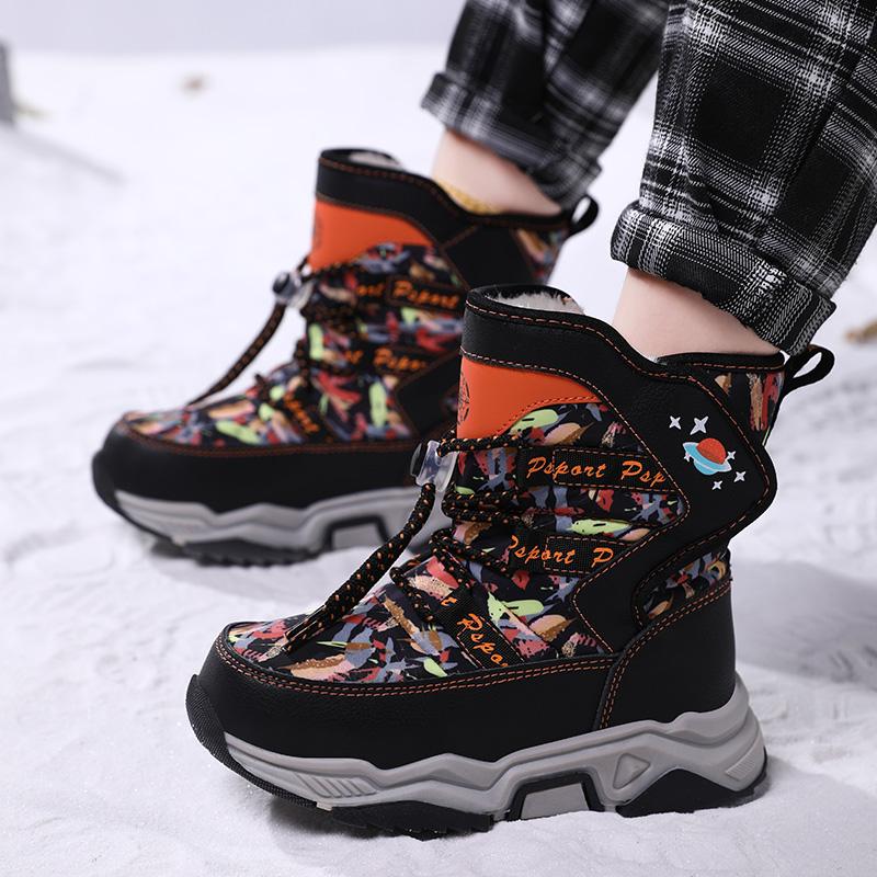 Autumn/Winter Unisex Kids Snow Sneakers Boys Plus Fleece Winter Boots Outdoor Non-slip Girls Teenagers Hip-top Snow Boots