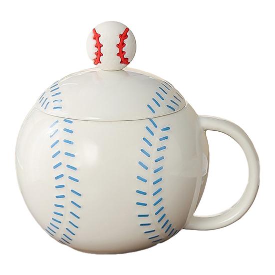 Baseball Shape Coffee Mug with Lid C-Shaped Handle Ceramic Mug 420ml Water Drinking Cup for Coffee Tea Drinks Home Kitchen Outdoor Use синий