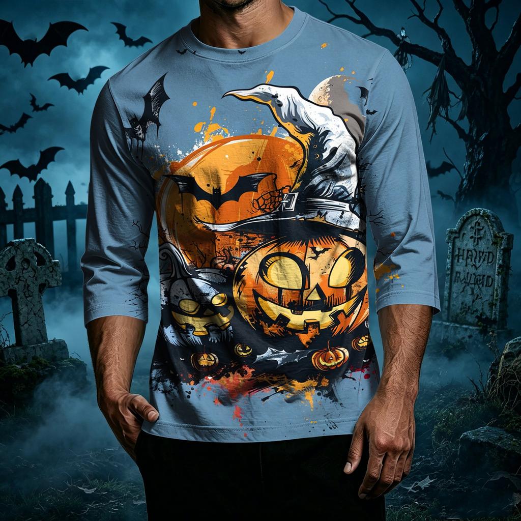 Men's Casual Halloween Printed Crew Neck T Shirt Three Quarter Sleeve Top Suitable for Seasonal Wear and Everyday Use