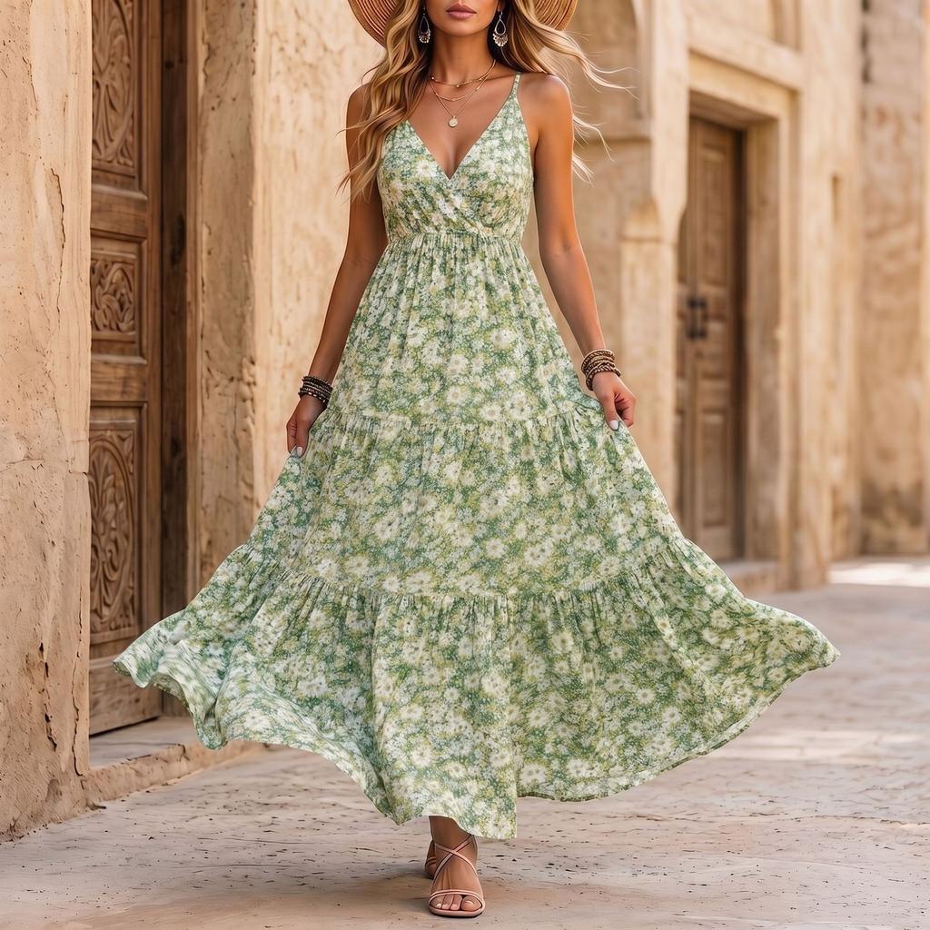 Damen Freizeit Maxikleid mit Blumendruck und Spaghettiträgern Leicht Ärmellos Strandurlaub Langes Sommerkleid Lockerer Schnitt Sommerkleid