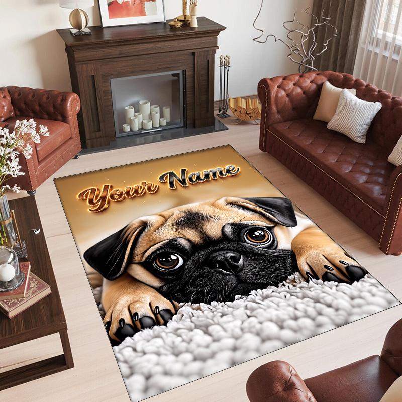 Pug Theme Crystal Velvet Floor Rug Personalized Custom Name Text Warm Carpet Home Decoration