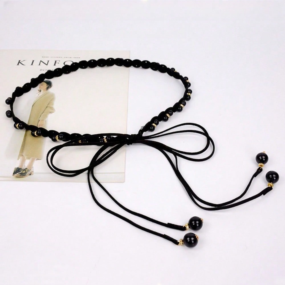 Chaîne de taille en perles Mode Ceinture fine pour femme Robe Ceinture simple et polyvalente Taille Ceinture élégante avec jupe Accessoires de ceinture décoratifs 130CM noir