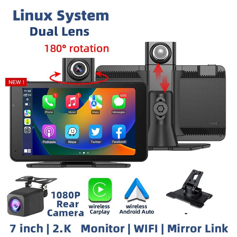7" 2K DVR Rotating Len Wireless CarPlay & Android With Front Rear Camera  Auto Dash DVR Night Vision Rear View Mirror BT FM