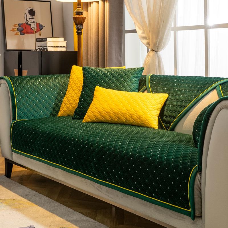 Quilted Thick Plush Velvet Sofa Cover 3 4 Seats Loveseat L Shape Couch Slipcover Solid Ultra Soft Armchair Protector Green Warm