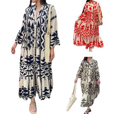 Women's V-neck Shirt Dress Loose Bohemian Fashion Print Dress