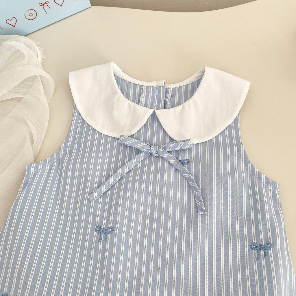 Summer Girls Striped Sleeveless Dress College Bowknot Embroidered Bubble Vest Dress For Baby Toddler