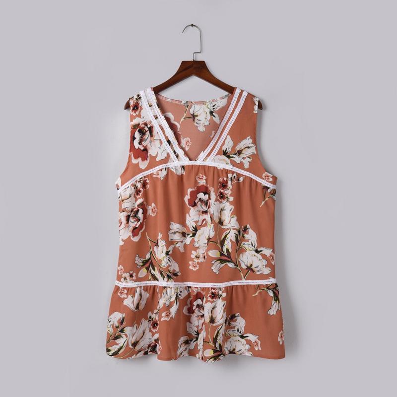 

Fashion Summer Daily Casual Sleeveless Off Shoulder Floral Print Lace Tank Tops Top Femme XXL помаранчевий