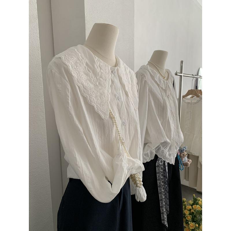 Spring Autumn Polo-neck Sweet Single Breasted Shirt Women Long Sleeve Casual White Cotton Blouse Cardigan Top