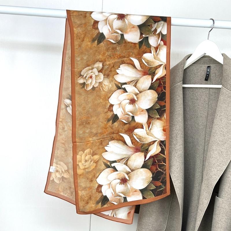 

Meier Oil painting magnolia thin silk crepe de chine scarf long scarf 100% mulberry silk summer sunscreen 140X35CM