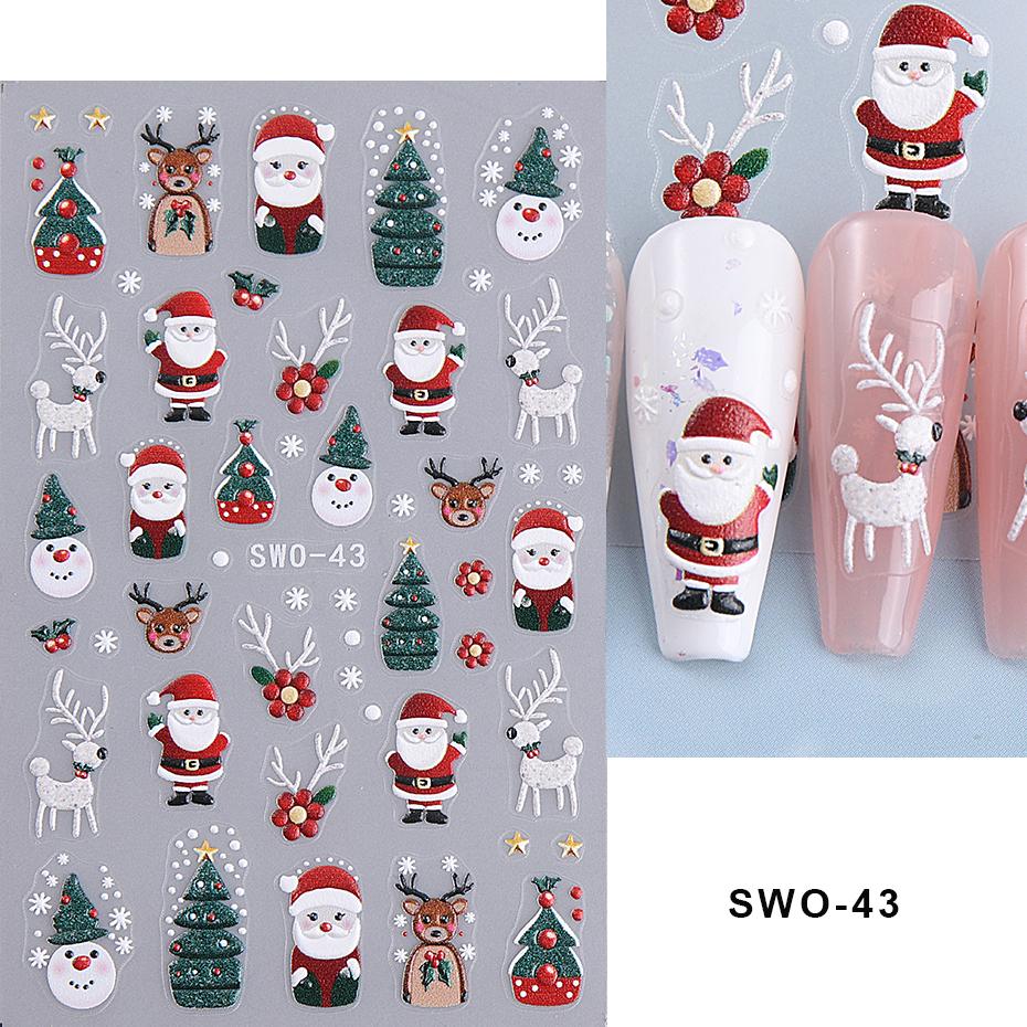5D Embossed Christmas Nail Stickers Gingerbread Man Snowflake Snowman Penguin Autumn Winter Nail Art Decals Decoration