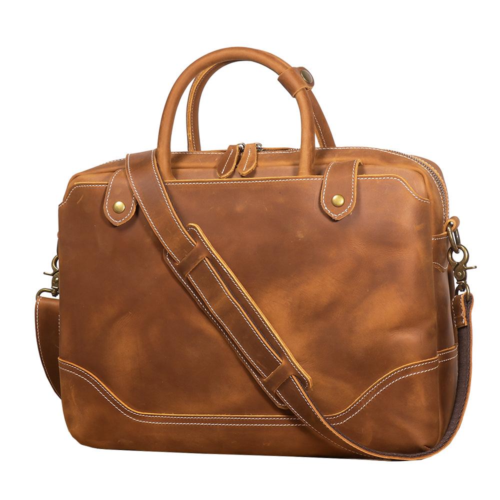 Retro Men'S Genuine Leather Handheld Briefcase Crazy Horse Leather Shoulder Messenger Computer Bag Large Capacity Cowhide Business Bag