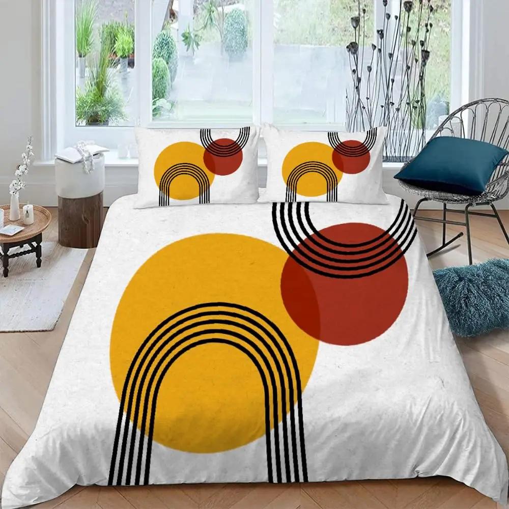 Abstract Geometric Rainbow Sun Circles Comforter Cover Microfiber Soft Bedding Sets Medieval Boho Century Modern Duvet Cover Set